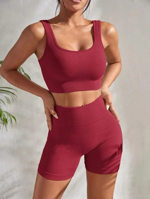 NEW Arrivals 2PCS Set 8 Colors Seamless Ribbed Yoga Sets Workout Sets for Women Gym Suits Ribbed Crop Tank High Waist Shorts Outfits Fitness Running Yoga Suit