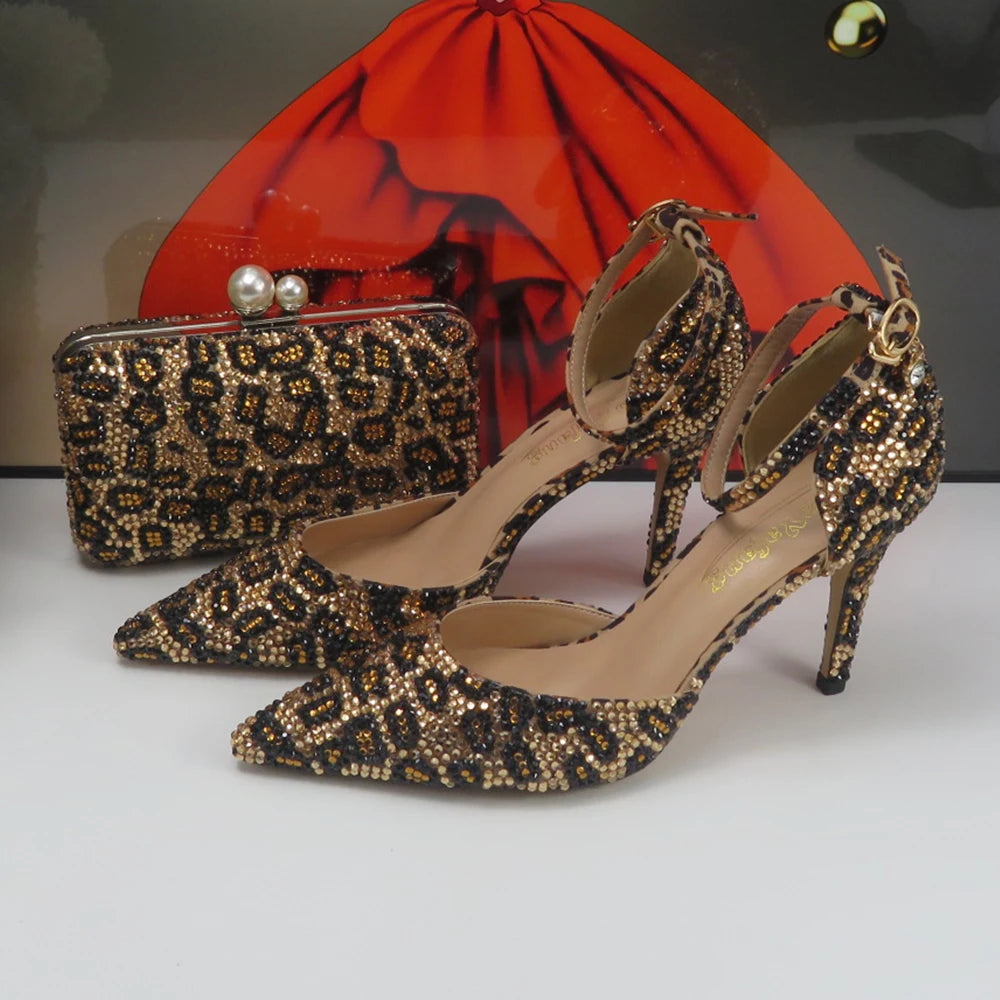 NEW Arrivals Luxury Fashion Pointed Toe Leopard Bridal Shoes Set with Bags Evening Wedding Party Night Business Dinner Summer Sandals Woman Ankle Strap Buckle Shoes Bag Thin High Heels Ladies Luxury Fashion Clothing Supplie