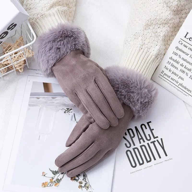 NEW Arrivals 18 Colors Women Faux Rabbit Fur Wrist Suede Leather Touch Screen Driving Glove Winter Warm Plush Thick Full Finger Cycling Black Mitten H92 Women Ladies Luxury Fashion Apparel Accessories