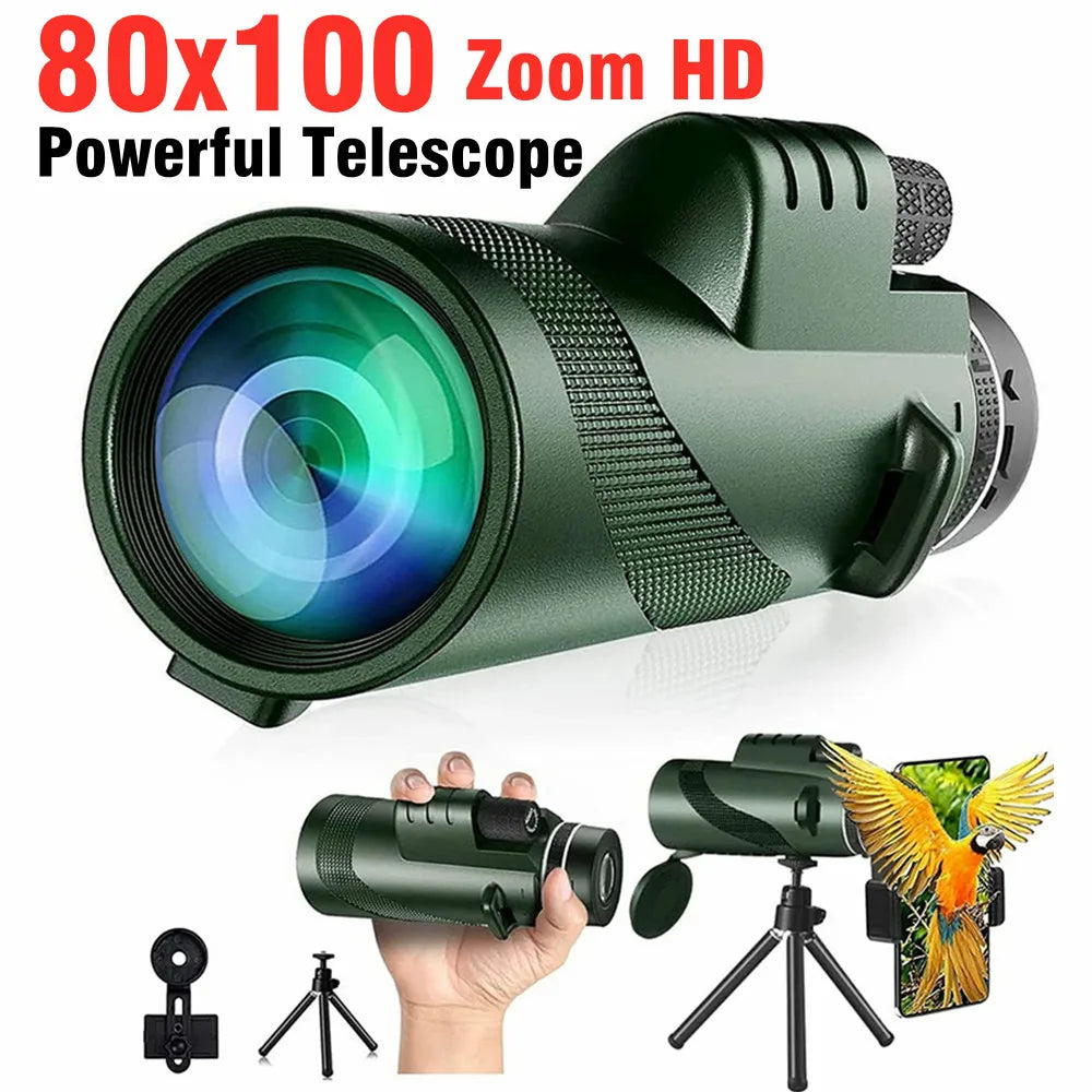 NEW 80x100 HD Zoom Monocular Telescope Portable Powerful Binoculars Long Range Telescope For Hunting Camping With Tripod Phone Clip