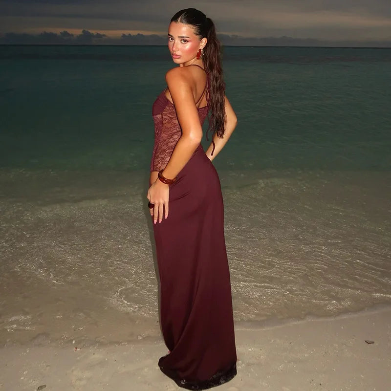 NEW Arrivals 4 Colors Elegant Lace Cut Out Maxi Dresses for Women Sexy Spaghetti Strap Patchwork Holidays Party Dress Summer Backless Long Dress