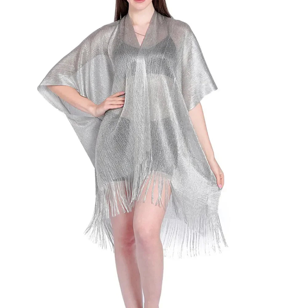 NEW Arrivals 5 Colors Luxury Solid Color See-Through Slit Shawl Sun Protection Clothes with Fringe, Women's Summer New Fashion Holiday Beach Bikini Smock