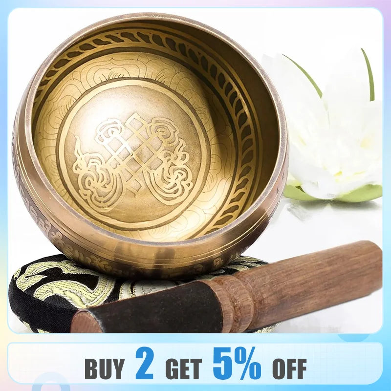 Tibetan Singing Bowl Set Totem Sound Bowl Meditation Bowl Unique Gift Helpful for Meditation Yoga Stress Relief Gold Bowl