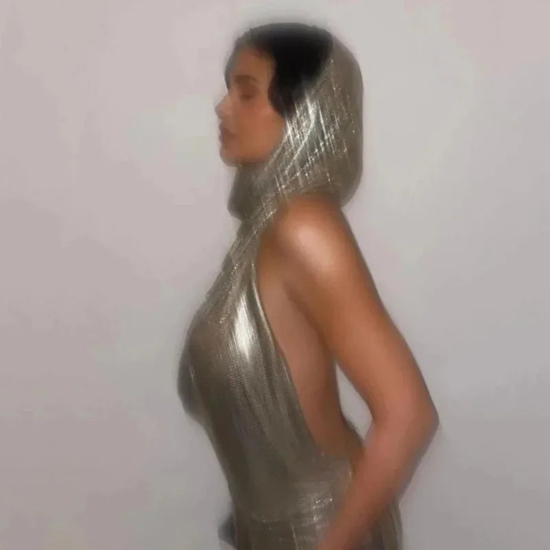 Fashion Metal Sequined Y2k Women Crop Top Tank Tops with Headscarf Metallic Sequins Sexy Backless Hollow Out Halter Corset top