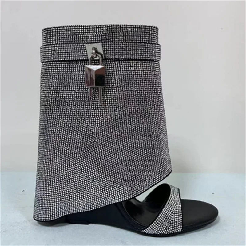 NEW Arrivals 3 Colors Women's Spring and Summer New Fashion Sexy Rhinestone Wedge Heel Middle Sleeve Cool Boots Occidental Banquet Show Shoes