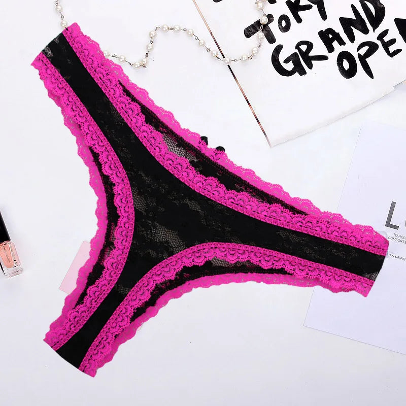 Set of 5 Women's Lace Thongs Sexy G-String Panties with Transparent Floral Design Low-Rise Cotton Crotch Briefs T-Back Kit