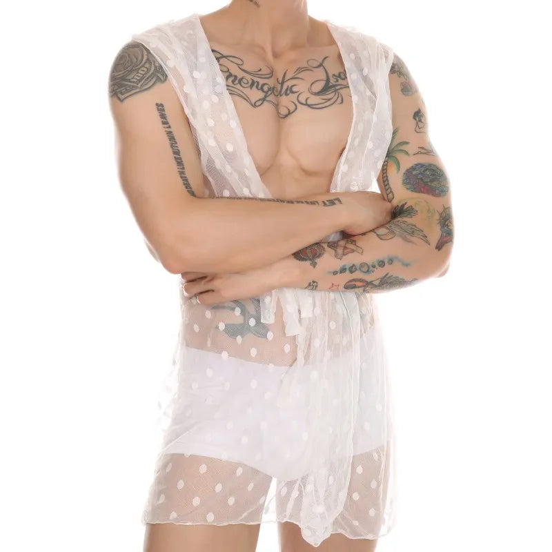 Lingerie Men Lace Hooded Night Robe Nightshirts Exotic See Through Slip Homme Hoodies Bathrobes Gay Nightrobe Robes Nightwear