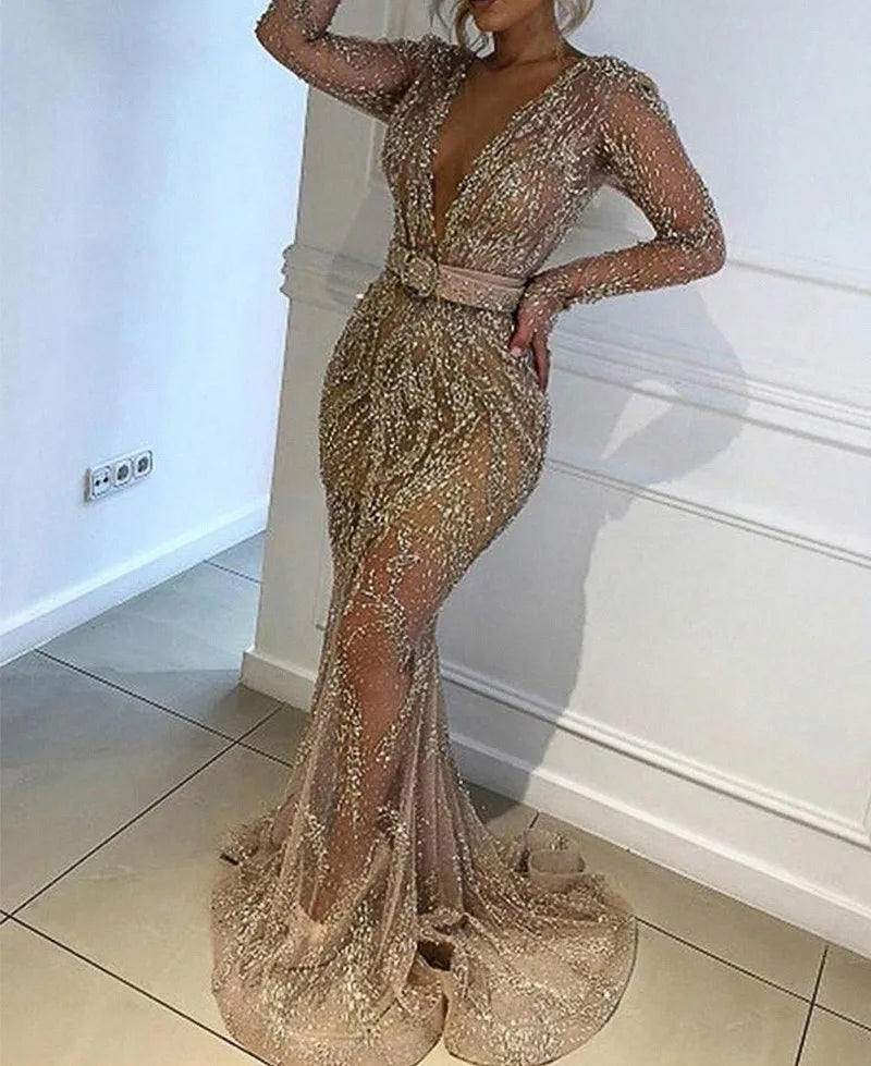 Low-Price Sales are Limited New Style S-2XL Women's Evening Luxury Wedding Birthday Party Outfit Night Clubwear Business Dinner Full Dress Sexy Sequin Long Sleeve Bridesmaid Dress Girls Ladies Luxury Fashion Clothing Supplies