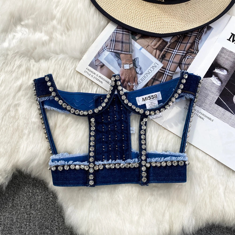 NEW Arrivals Women Female Sexy Trendy Shiny Rhinestone Diamonds Crop Top Glitter Crystal Through Backless Tank Streetwear Casual Rave Party Night Clubwear Ladies Girls Luxury Fashion Apparel Accessories Clothing Supplies