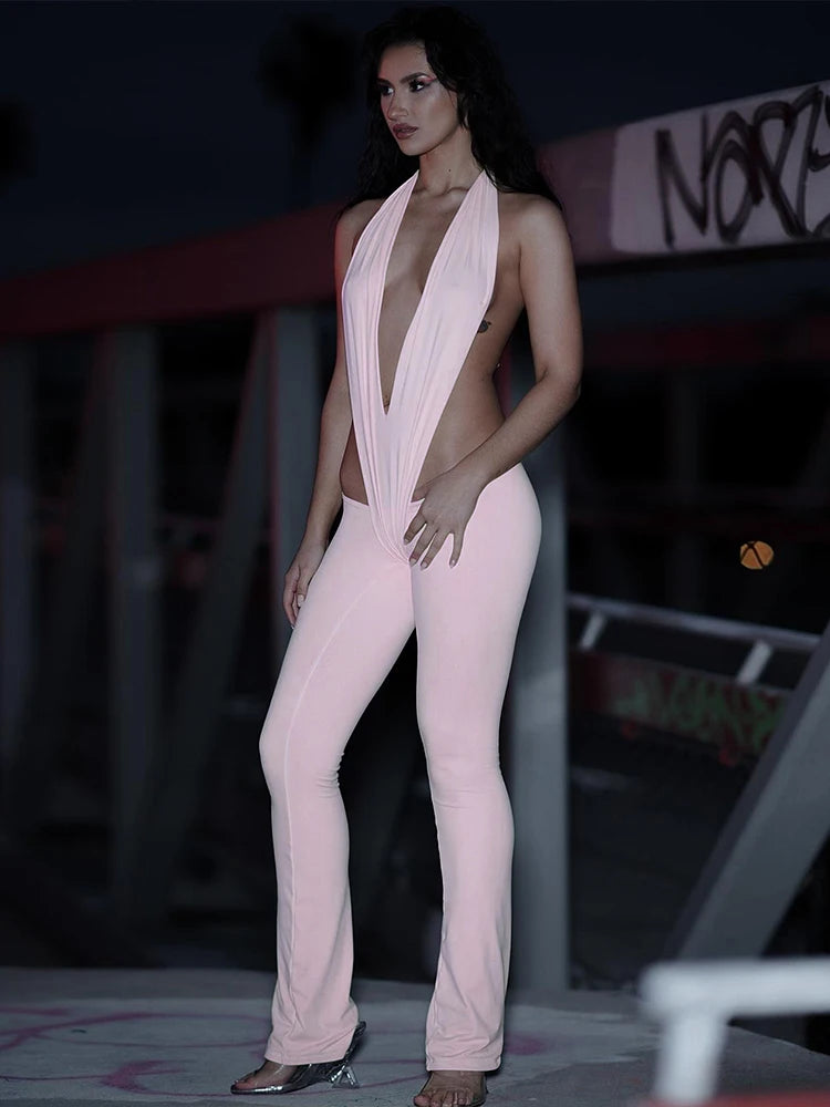 NEW Arrivals Pink/Yellow/Black Color UK Size Sexy Hot Irregular Hollow Sexy Jumpsuits Women Bandage Halter Deep V-Neck Backless Skinny Stretch Hot Girls Hipster Streetwear