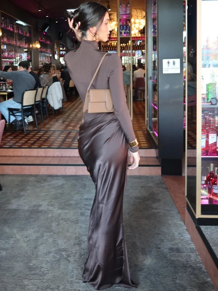 NEW Turtleneck Satin Sexy Hollow Out Zipper Women Maxi Dress Black Patchwork Long Sleeve Slim Elegant Party Evening Dress