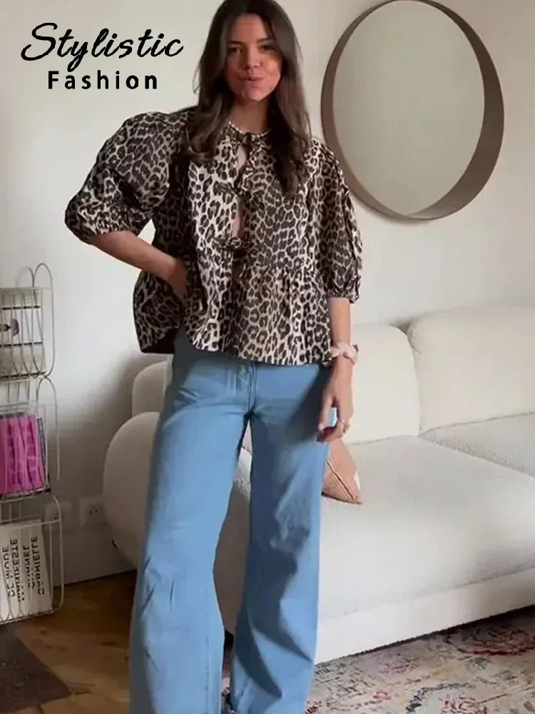 Leopard Print Shirt For Women Bow Lace Up O-neck Short Puff Sleeve Female T-shirt Summer Fashion All-match Street Lady Tops