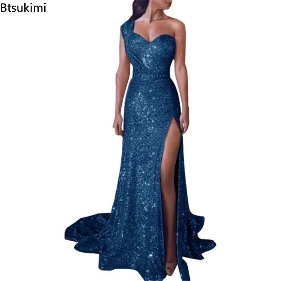 NEW Arrivals M-4XL 8 Colors Women's Wedding Party Dress Evening Elegant Sexy Deep V-Neck One Shoulder Sleeveless Sequined Long Maxi Dresses Ladies Luxury Fashion Clothing Products