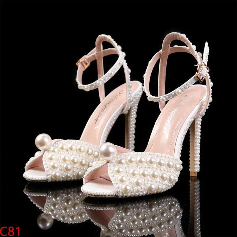 Women Sandals Fashion High Quality Wedding Shoes Women New Pearls Studs Luxury Peep Toe High Heels Buckle Woman Sandal