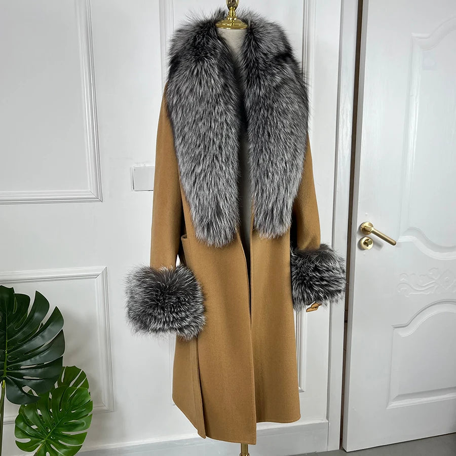 NEW Arrivals S-4XL 4 Colors Women 100% Cashmere Cardigan With Fur Natural Silver Fox Fur Coat Long Wool Blends Coat Fur Collar Cuffs Winter Evening Party Outerwear Ladies Luxury Fashion Apparel Products