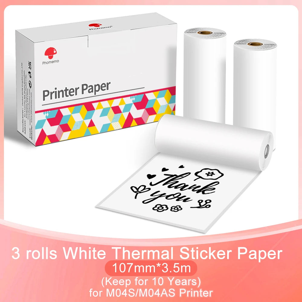 NEW Arrivals 3 Rolls Set Original PHOMEMO Adhesive Transparent Thermal Paper Clear Adhesive Thermal Sticker Paper for M04S/M04AS Bluetooth Printer 110mmx3.5m