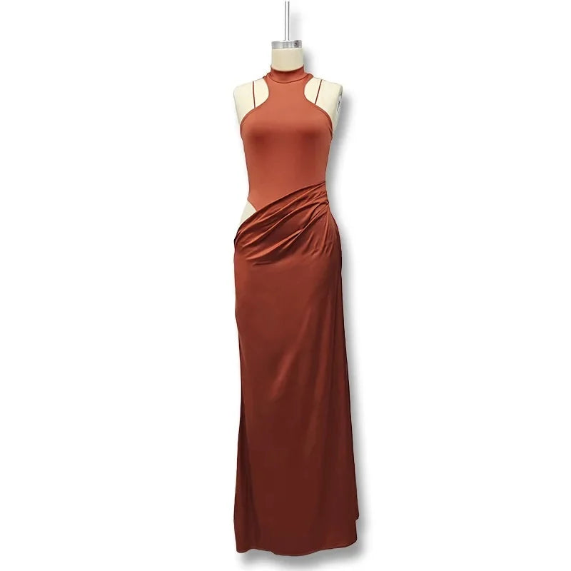 NEW Arrivals Women Fashionable Hollow Out Sleeveless Round Neck Long Dress Women's Empire Waist Gown Elegant Patchwork Maxi Dress Trendy Style