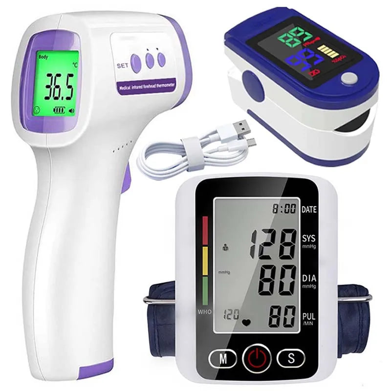 NEW 3PCS Set LCD Portable Health Care Pulse Meter BP Monitor Automatic Digital Arm Blood Pressure Monitor Tonometer Meter Sphygmomanometer Health Care Supplies