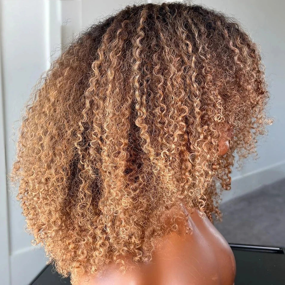 NEW Blonde and Afro Kinky Curly Bob 8-16Inc 180-250 Density Wig Human Natural Hair Machine Made Glueless Wig With Bangs Brazilian Ombre Blonde and Black Short Bob Wigs Human Hair