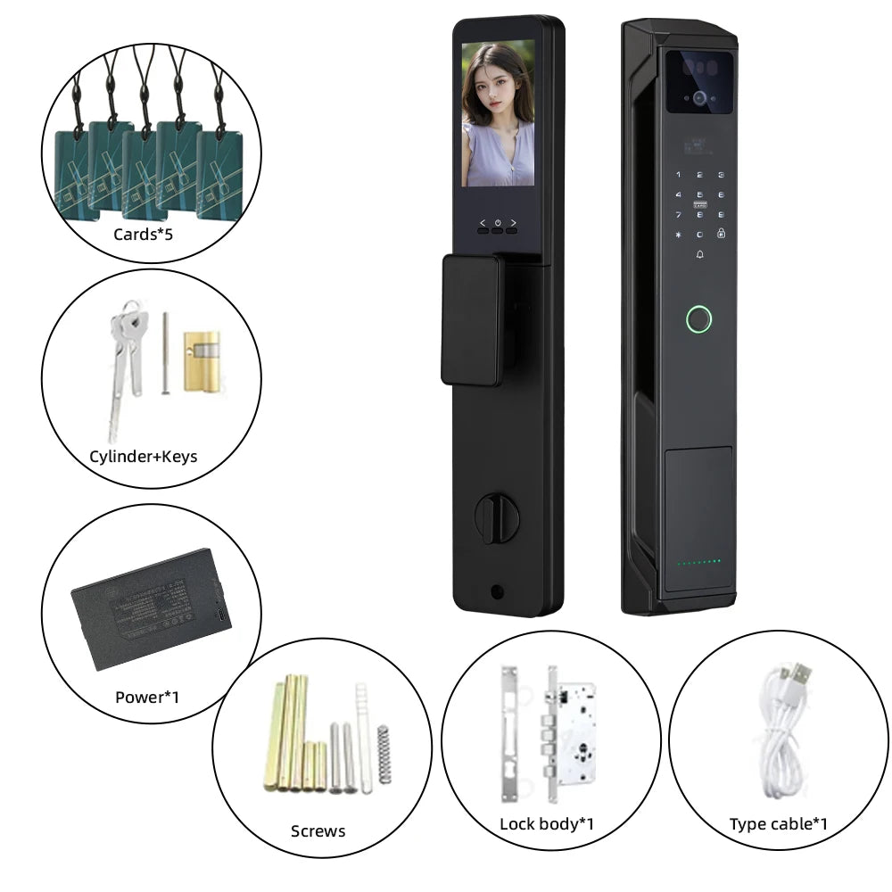 NEW Arrivals P8 TUYA App Wi-Fi Smart Lock, 21 Languages, Remote Video Call Intercom, Face-Palm IC Card Unlock, Black/Gray Anti Theft Top Quality Security System Home Apartments Office Security Supplies