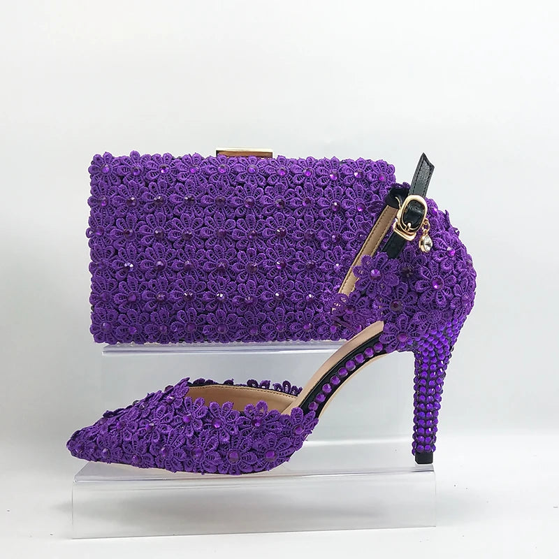 NEW Arrivals Italian Design Purple Lace Flower Luxury Wedding Shoes And Bag Set Crystal Heels Pointed Toe Ankle Strap Evening Party Shoes with Matching Bags Lace-Up Girls Ladies Luxury Fashion Apparel Accessories Clothing Pro
