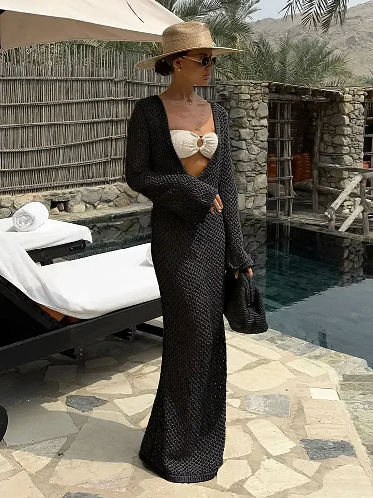 NEW Arrivals UK Size 7 Colors Sexy U-Neck Bell Sleeve Knit Handmade Maxi Dress Summer Women Swimwear Feminine Bikinis Cover-Ups Holiday Crochet Beach Ladies Outfit K21