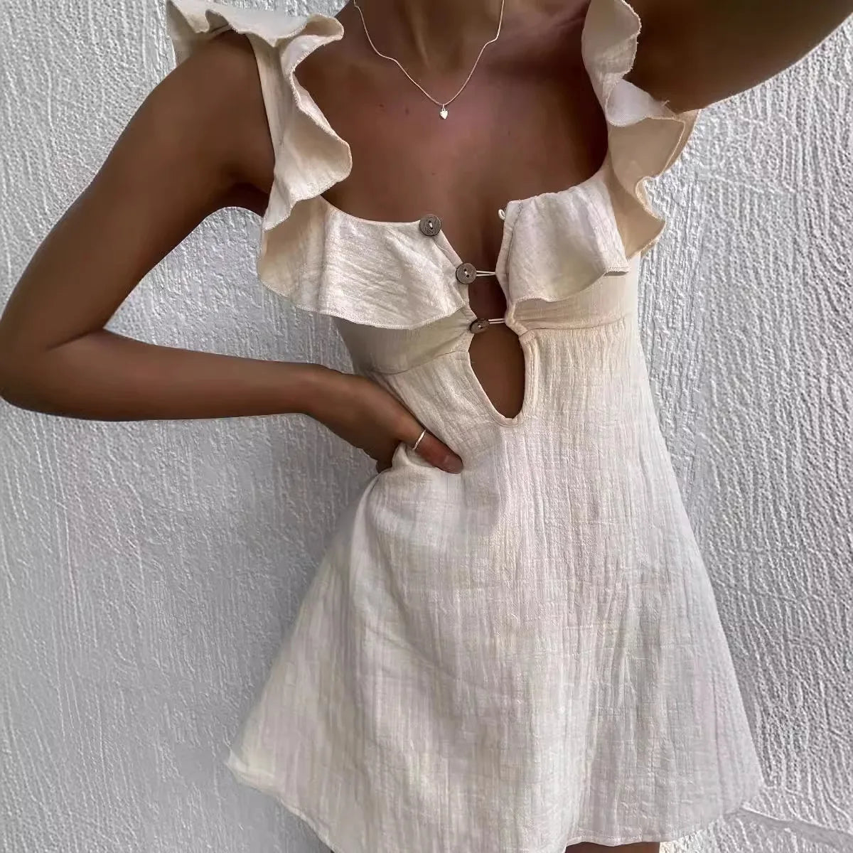 NEW Arrivals S-XL UK Size Retro Mini Beach Dress for Women Summer New Fashion Sexy Ruffled Strap Dress Women Hollow Out Short Dress Spring Summer Evening Beach Party Night Clubwear