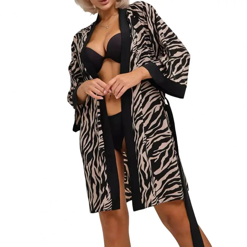 NEW Arrivals Sexy Lady Nightgown With Adjustable Waist Ties Leopard Cardigan Three Quarter Sleeves Home Wear Nightgown Bedroom Bathroom Robes Sleepwear Girls Ladies Luxury Lingerie Fashion Apparel Supplies