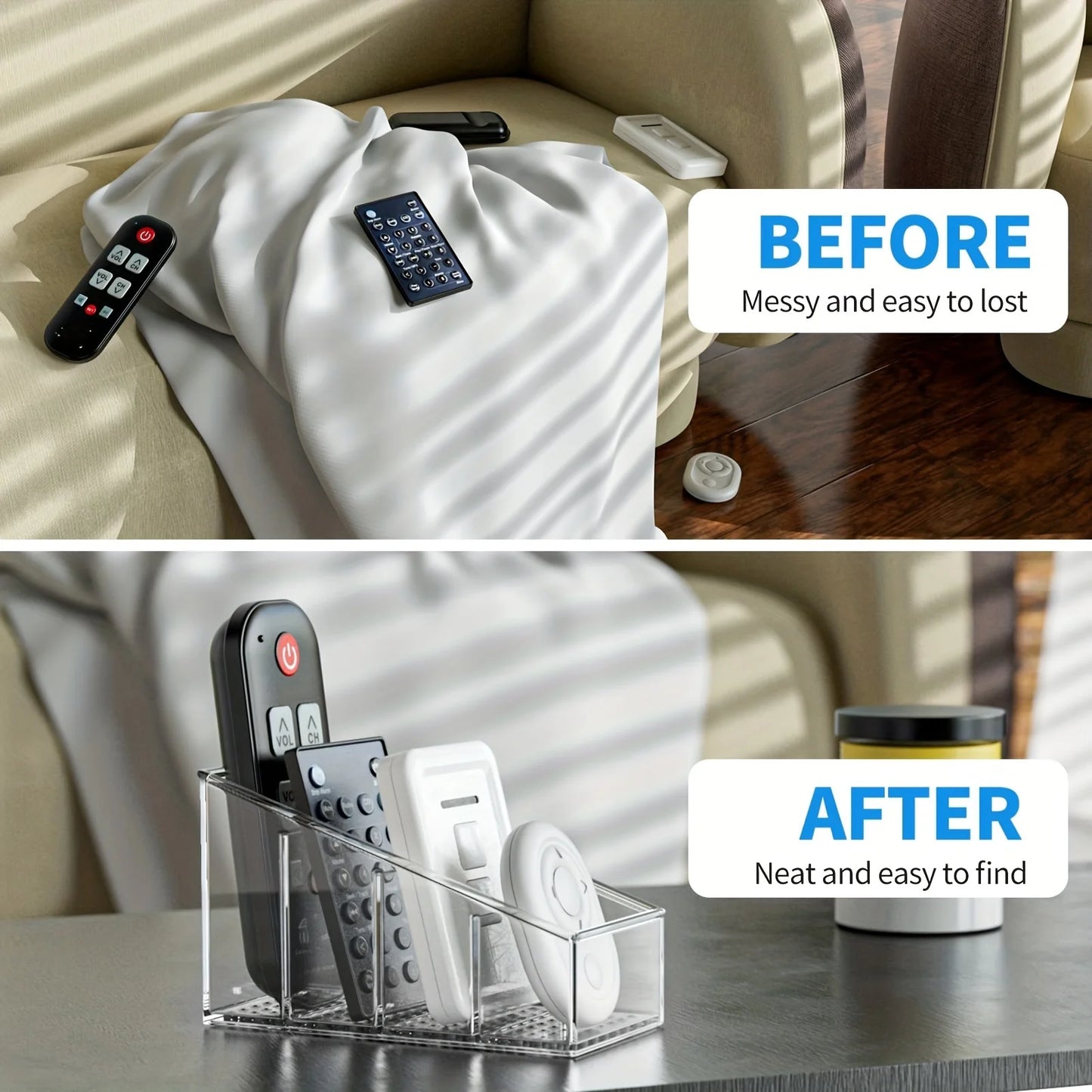 NEW Arrivals Clear Plastic Mobile Phones TV Remote Control Holder and Desk Organizer with 4 Compartments for Home and Office Use