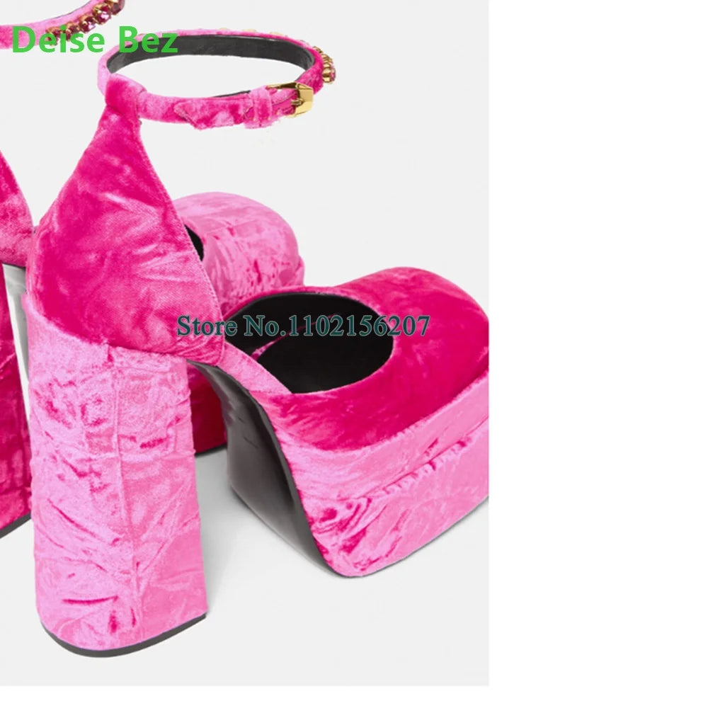 New Arrivals Suede Fabric Paltform Pumps For Female Women Chunky Heel Crystal Ankle Buckle Strap Square Toe Fashion Shoes