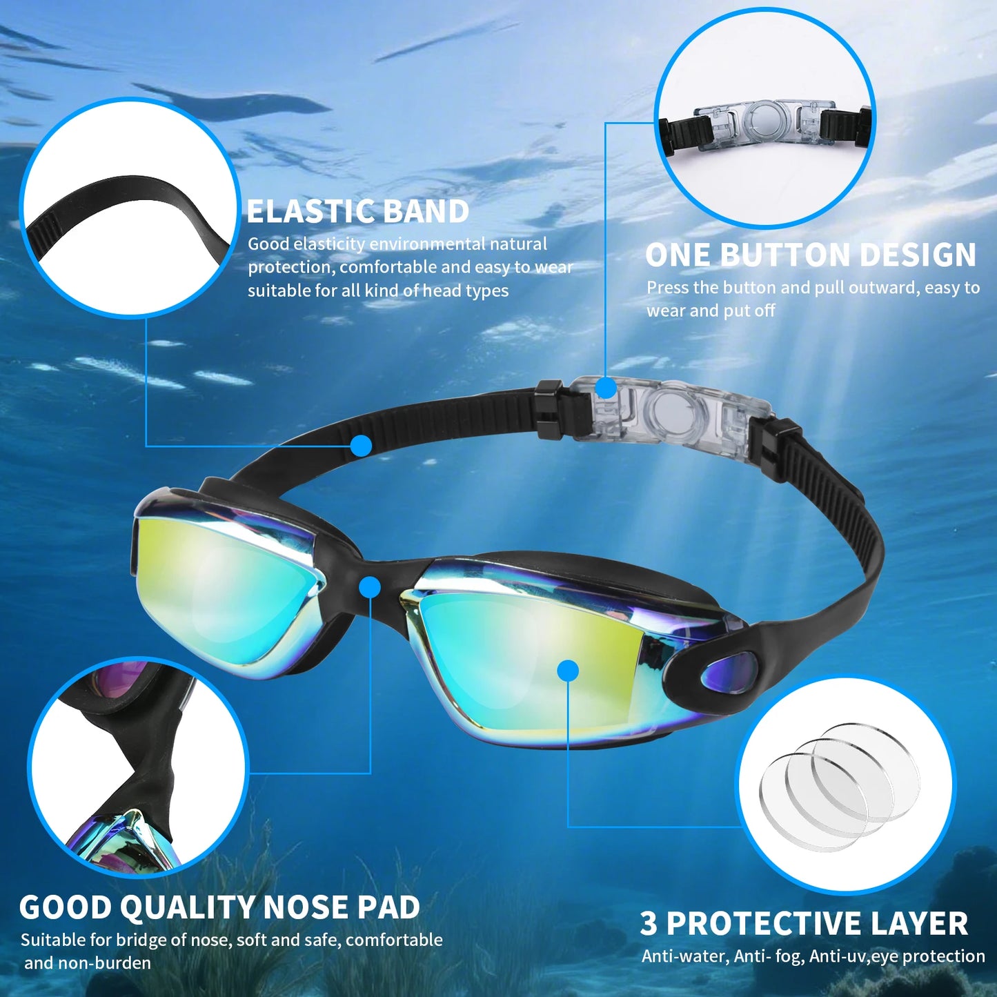 2PCS Goggles Adults/Children Set + Earplugs No Leaking Anti Fog Professional Swimming Goggles Adjustable with Earplugs Storage Box Swimming Water Pool Glasses for Beach Swim Sports Adults Kids