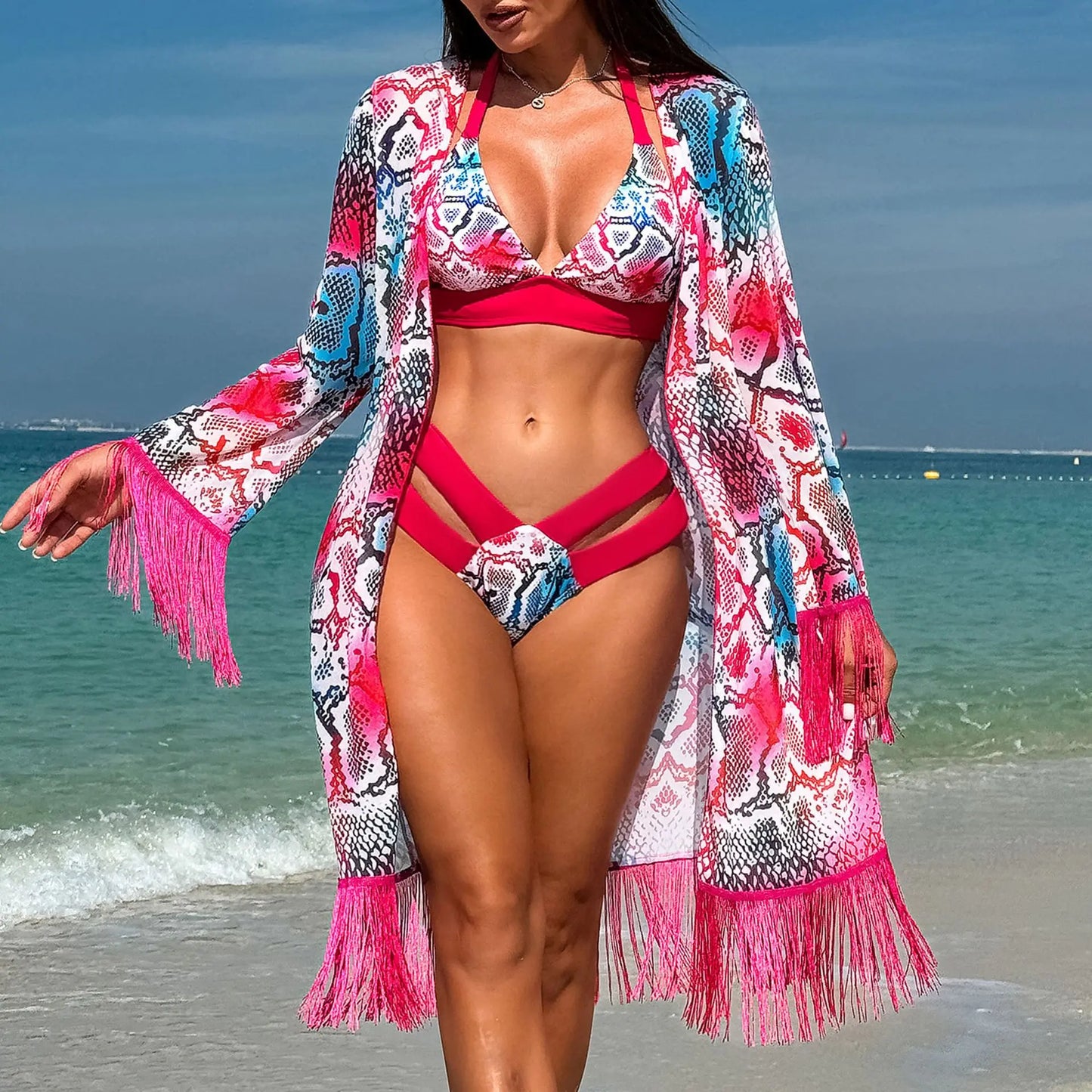 NEW Arrivals 3PCS Set S-2XL 4 Colors Bikini Set Cover Up Swimwear High Waisted Bikini Set Women's Swimwear Print For Female Bath Suit Tropical Exotic Ladies Summer Beach Wear Suit
