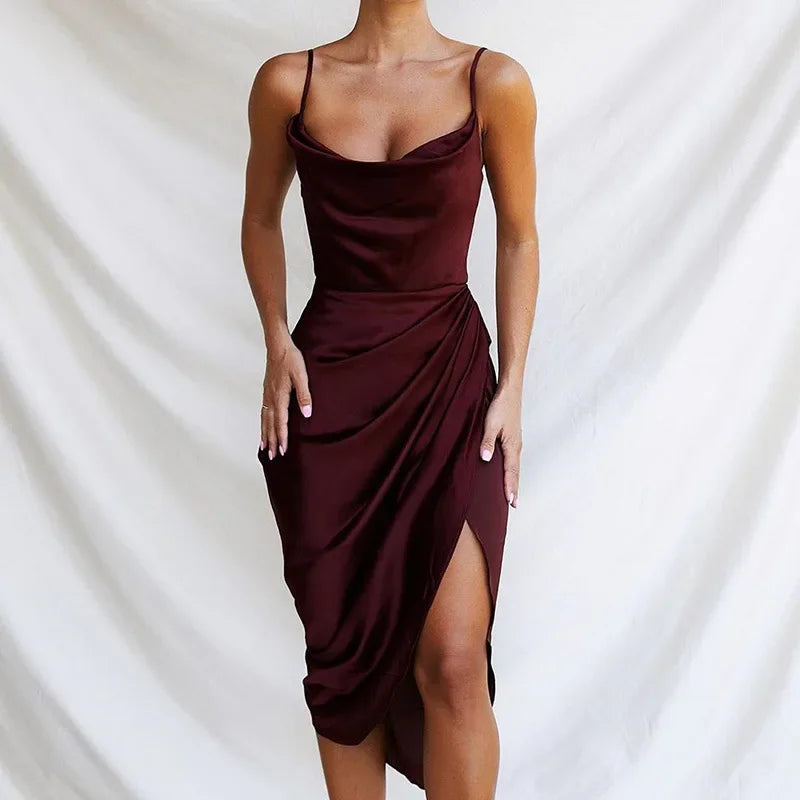 New S-XL 6 Colors Ruched Satin Summer Dress Drawstring Spaghetti Straps Cowl Neck Backless Long Dresses for Women Party Sexy Vestidos