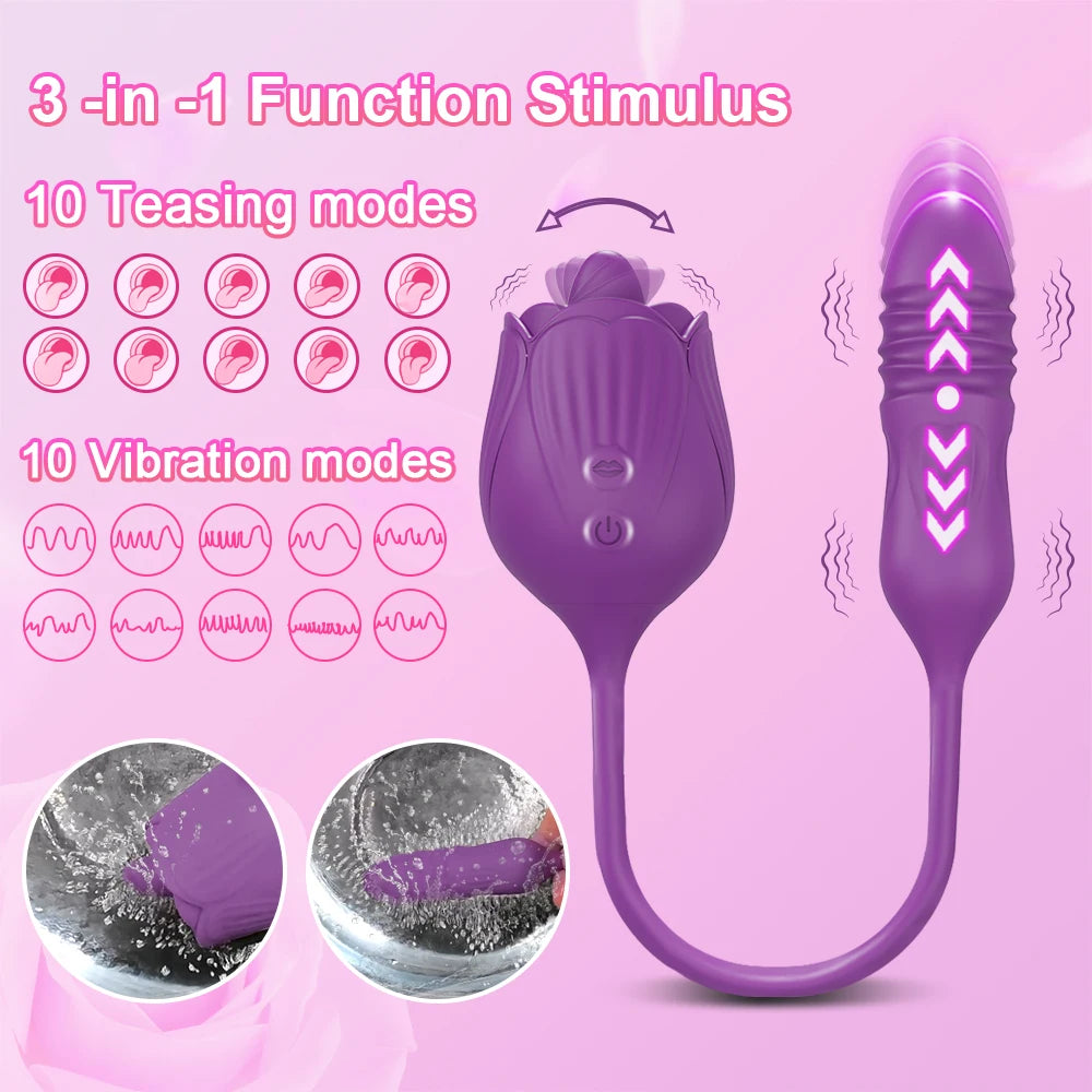 Rose Vibrator for Woman Tongue Licking Clitoral Stimulator Thrusting G Spot Dildo Clit Nipple Licker for Women Goods Sexy Toys