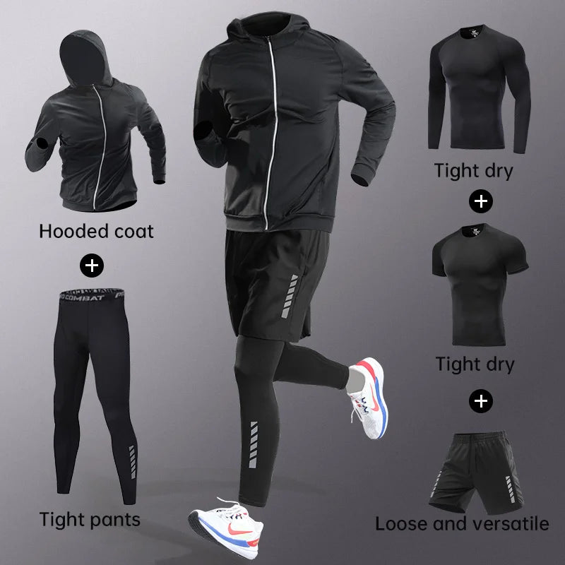 NEW Arrivals 5PCS Set S(50-60Kg-3XL(100+Kg) Plus Size Running Fitness Clothes for Men Spring Autumn Winter Morning Running Speed Dry Cycling Sports Set