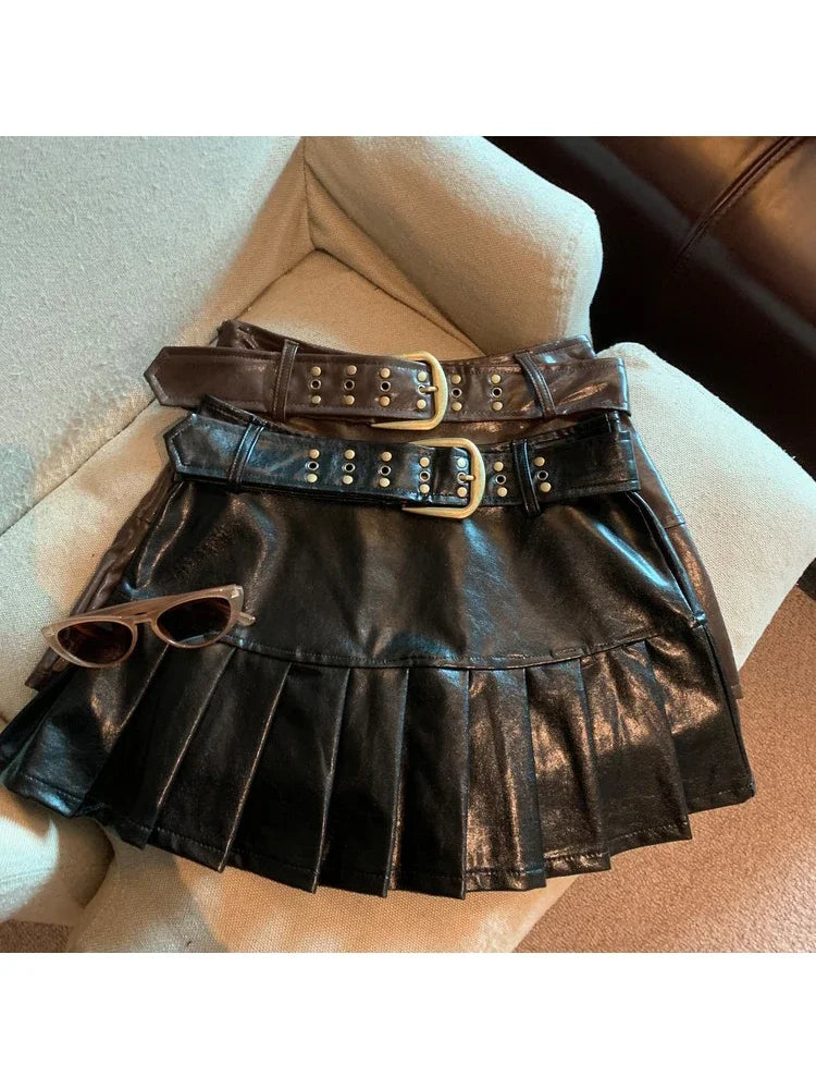 NEW Arrivals Women Black/Coffee Leather Skirt Harajuku Japanese Y2K Vintage Pleated Skirt 90s Aesthetic A-Line Mini Skirt Emo 2000s Punk Clothes Girls Sexy Casual Fashion Clothing Supplies