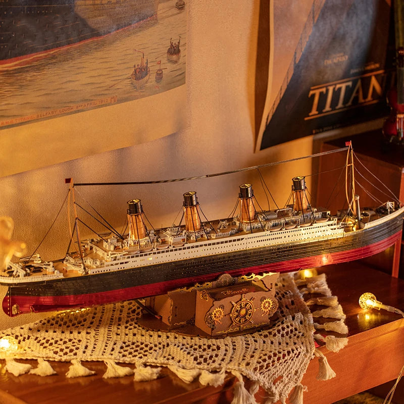 DIY 3D Metal Puzzle Titanic Ship Model Building Kits Assembly Boat Jigsaw Puzzles with USD Lights for Adults Birthday Gifts