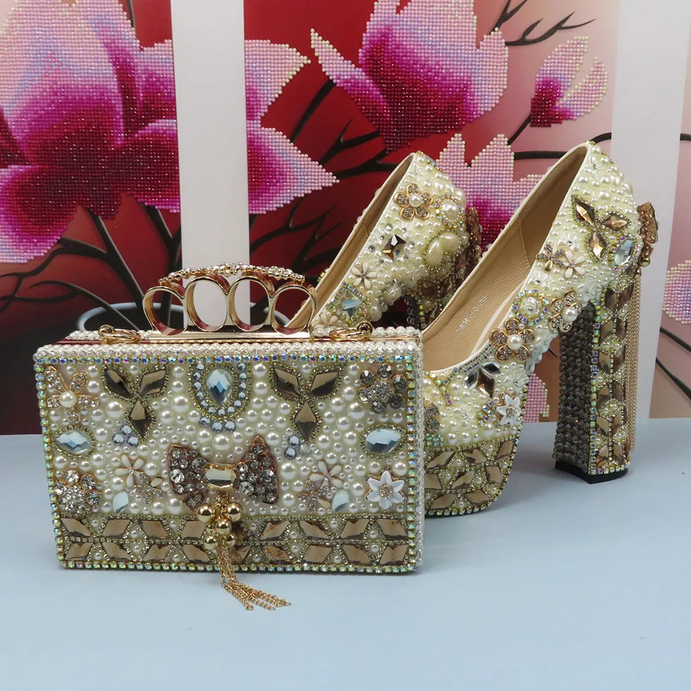 Italian Fashion Champagne Gold Wedding Shoes and Bag Set Woman 14cm High Pumps Thick Heel Evening Party Night Business Shoes Matching Bag Round Toe Pumps Ladies Luxury Fashion Apparel Accessories Clothing Supplies
