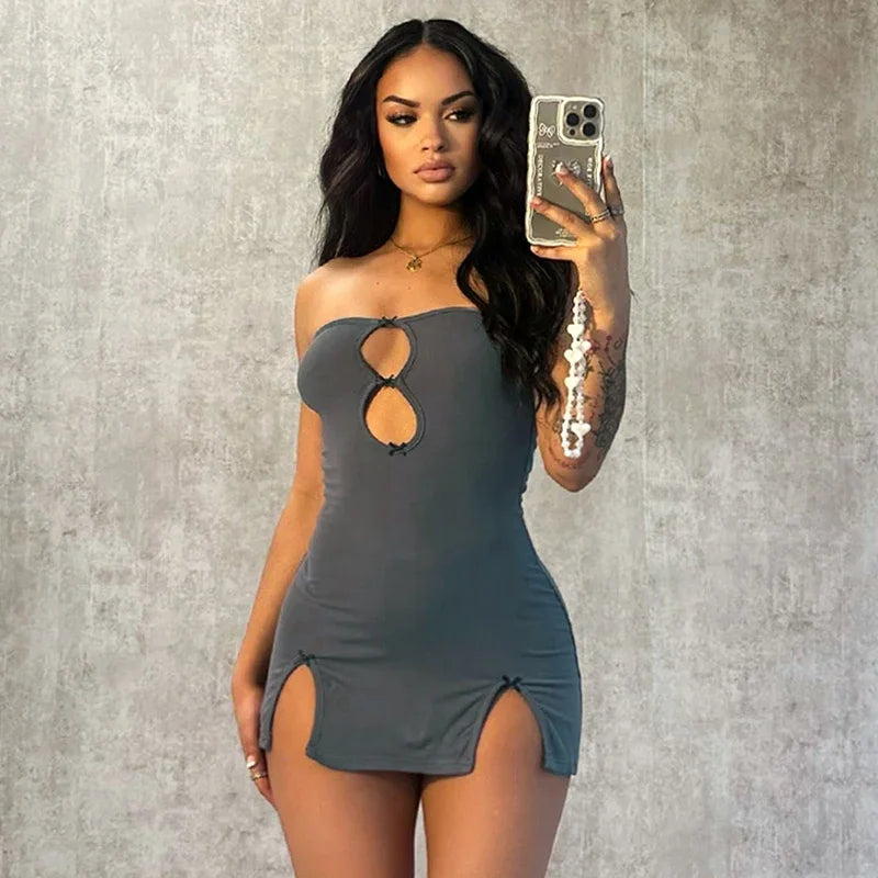 NEW Arrivals UK Size Pink/Silver Y2K Sexy Mini Dress Women Summer Evening Beach Party Hottie Hollow Out Strapless Solid Color Pullover Dresses Streetwear Girls Night Club Sexy Outfits