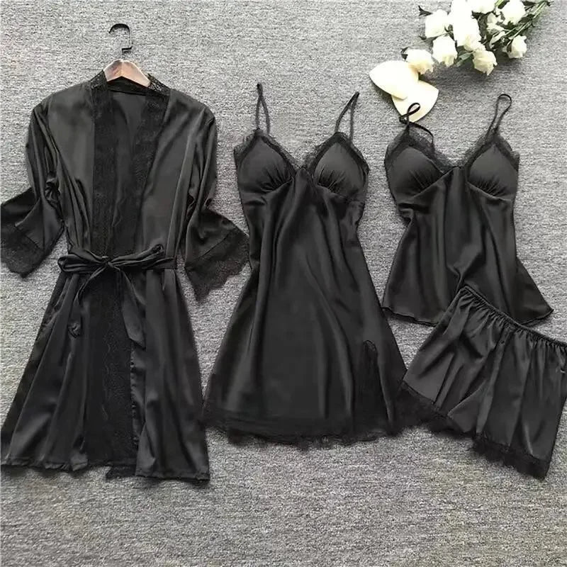 NEW BRANT 4PCS Set S-5XL Plus Size 6 Colors Women's Sleepwear Sexy Silk Ice Fabric Kimono Gown Home Clothes with Chest Pad Thin Material Comfortable Home Wear Ladies Nightgown Sets