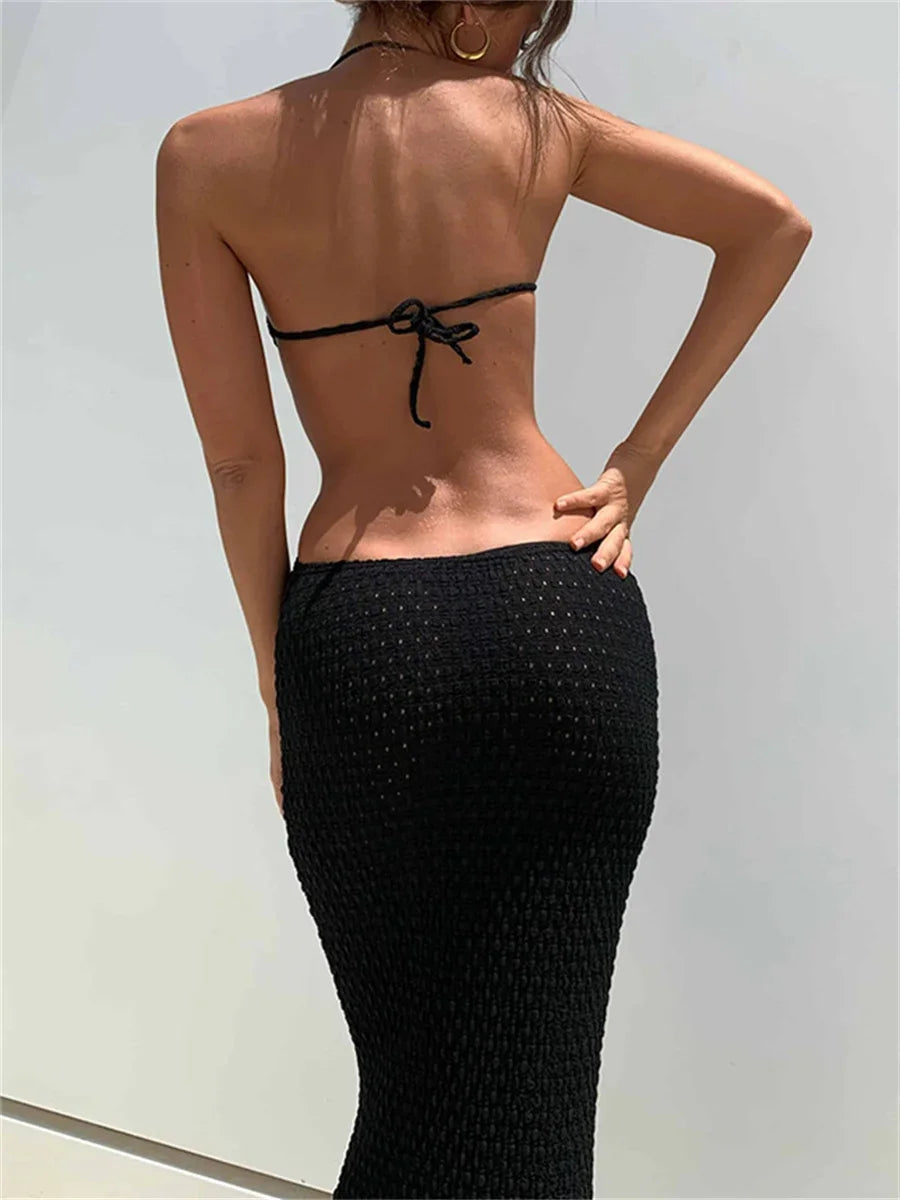 Halter Maxi Bodycon Women Dress Summer Sexy Hollow Out Backless Wrapped Long Party Dresses Club Beach Sundress