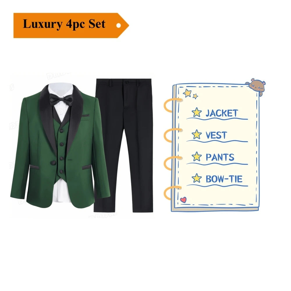4 PCS Set Children Boy's Formal Suit Set, Regular Fit Smart Suits For Kid From 3 To 14 Years Shawl Neck Wedding Guest Outfit For Children Luxury Blazer Tuxedo Sets