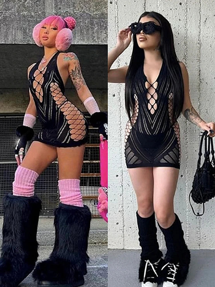 NEW S-2XL UK Size 7 Colors Transparent Lace Sexy Hot Short Dress Backless Hollow Halter Nightgown Sexy Women's Nightwear Nightdress Party Club Mini Dresses