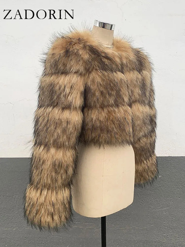 NEW Arrivals S-6XL High Quality Cropped Faux Raccoon Fur Coat Women Winter Warm Snow Outwear Fashion O Neck Long Sleeve Fluffy Short Faux Fur Jacket Crop Top Ladies Girls Luxury Fashion Clothing Supplies