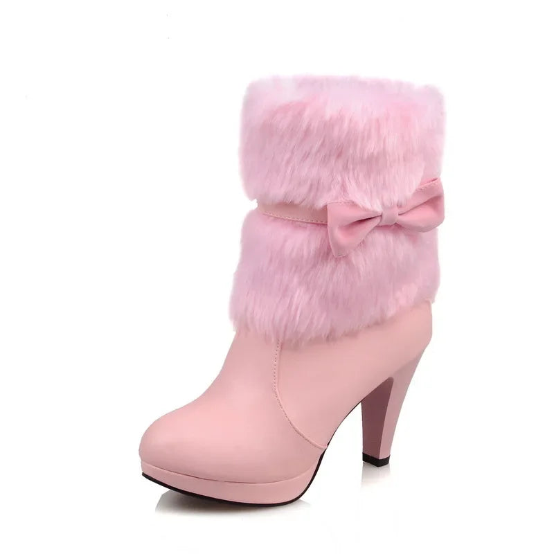 Brand NEW Black/White/Pink Luxury Women Boots Autumn Winter Warm Fur New Sexy Fashion PU Leather Mid-Calf Motorcycle Snow Boots High-Heeled Shoes 369