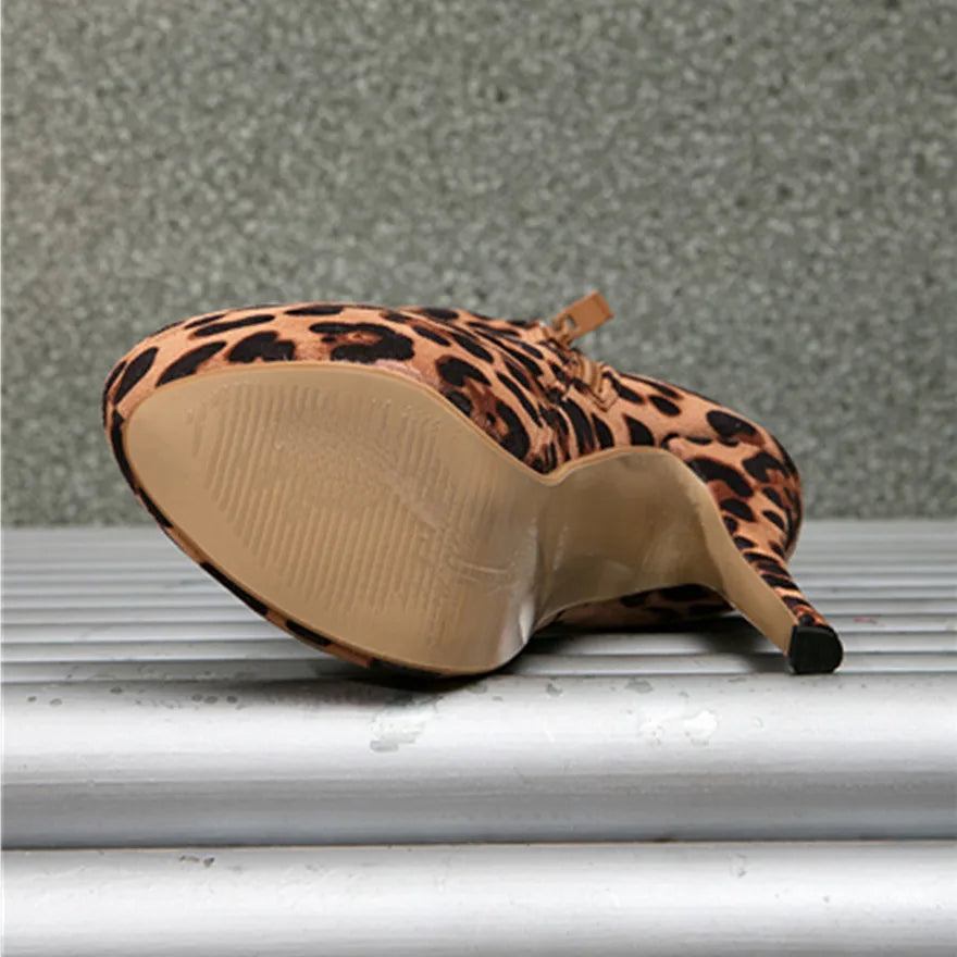 NEW Arrivals Plus Size 35-46 Sexy Leopard Women Ankle Boots Round Toe Zipper Super High Heels Autumn Female Platform Evening Party Night Club Shoes Girls Ladies Luxury Fashion Apparel Accessories Footwear Shoes Supplies