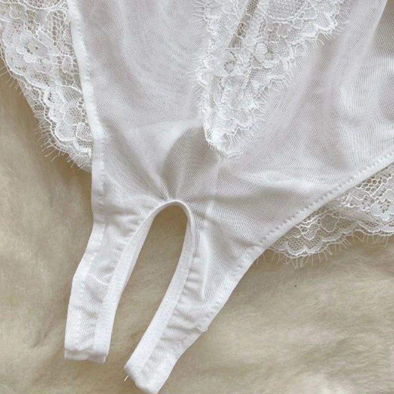 Sexy Hollow Out Strap Jumpsuit Hot Sweet Bow Lace Patchwork Backless Playsuit Slim Fit Bodysuit Erotic Lingerie Pajamas Woman