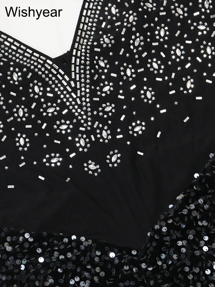 Low-Price Sales are Limited New S-2XL Luxury Black Sleeveless Spaghetti Straps Rhinestone Sequin Patchwork Mini Dress Women Formal Evening Bodycon Wedding Birthday Party Ladies Girls Luxury Fashion Clothing Supplies