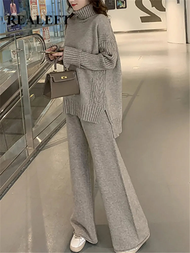 Autumn Winter 2 Pieces Women Sets Knitted Tracksuit New Turtleneck Sweater and Wide Leg Jogging Pant Pullover Suits