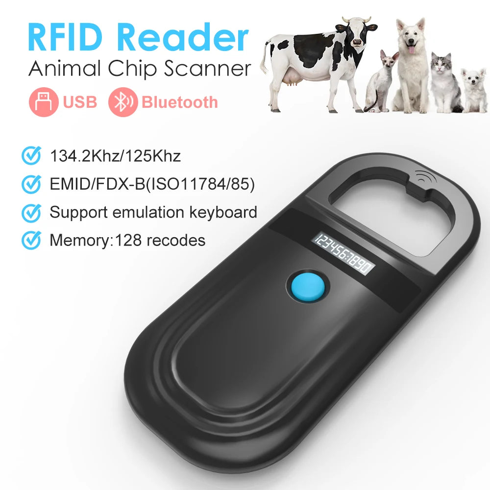 Animal Black RFID Reader 134.2KHz 125kHz USB/Bluetooth Pet Cat Dog Microchip Scanner FDX-B Glass Chip Identification Tag Reader